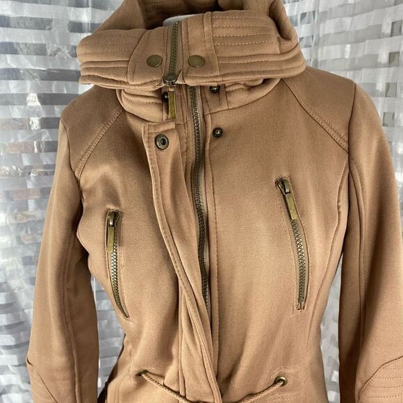 Yoki Tan High Collar Snap/Zipper Drawstring Waist Coat - Picture 4 of 6